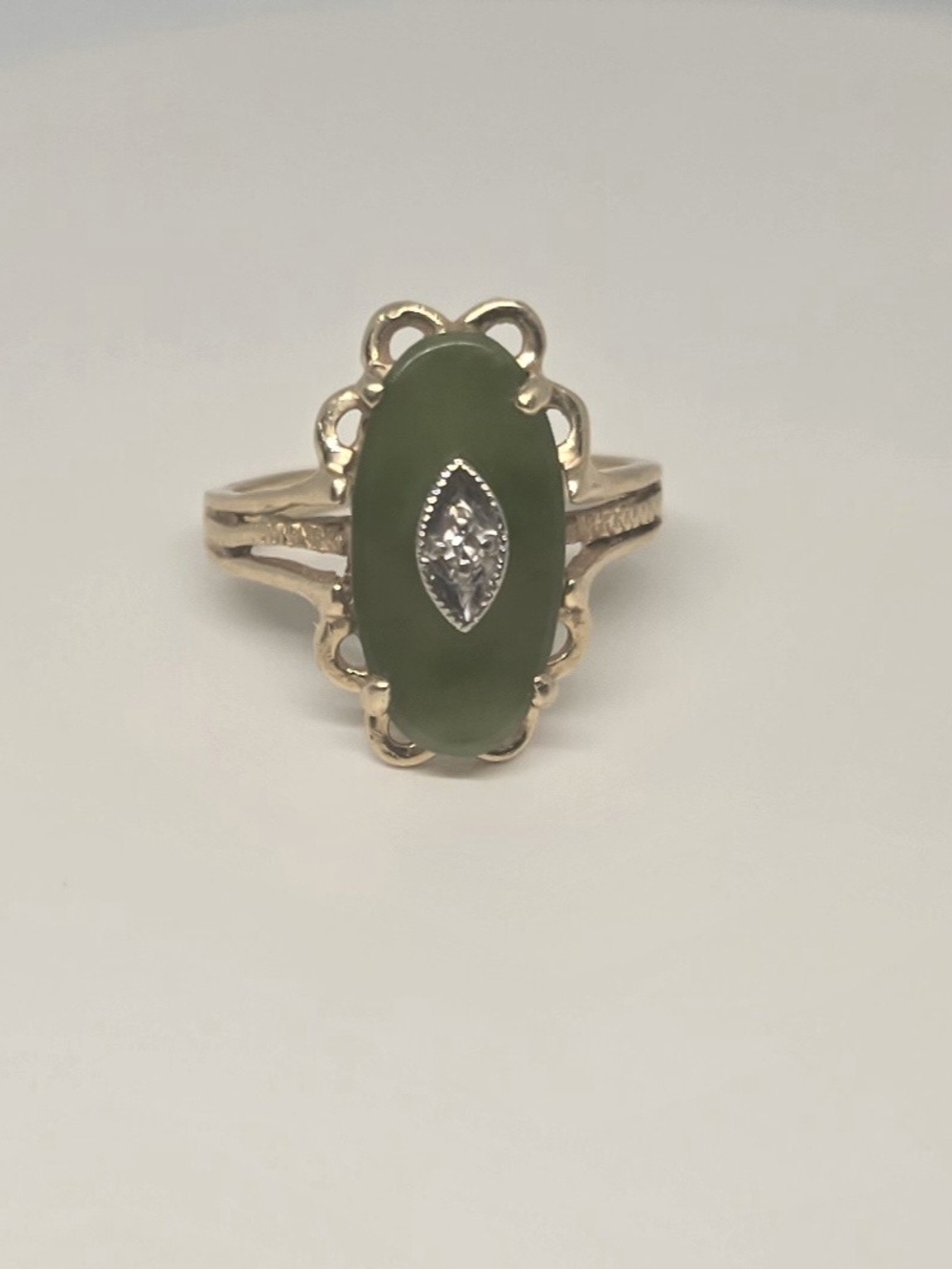 14k Yellow Gold Ring with Green Chrysoprase and small Diamond Accent Chip.